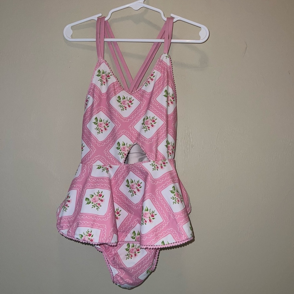 Sweethoney Pink Floral One-Piece Swimsuit with Ruffle Skirt